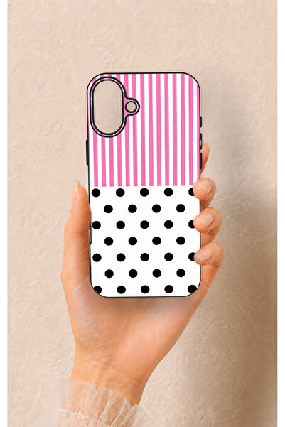 Vip Case iPhone 16 Plus Uyumlu Pembe Çizgili Puantiye Desenli Silikon Kılıf