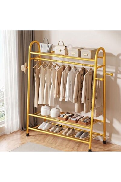 Generic Golden metal clothes hanger with shoe rack and top shelf