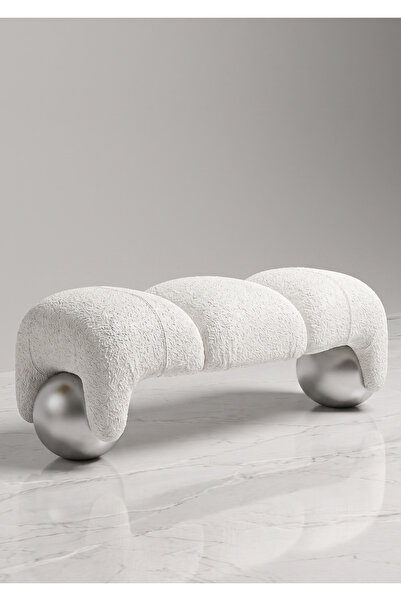 meva Modern Beyaz Döşemeli ve Krom Küre Ayaklı Minimalist Bench