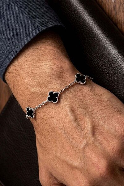 OSESHOP Oniks Taşlı 925 ayar Gümüş Yonca Erkek Bileklik