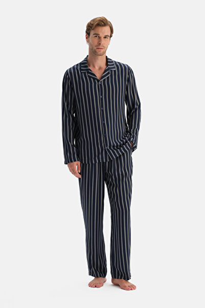 Dagi Navy Blue Striped Woven Shirt Pants Set