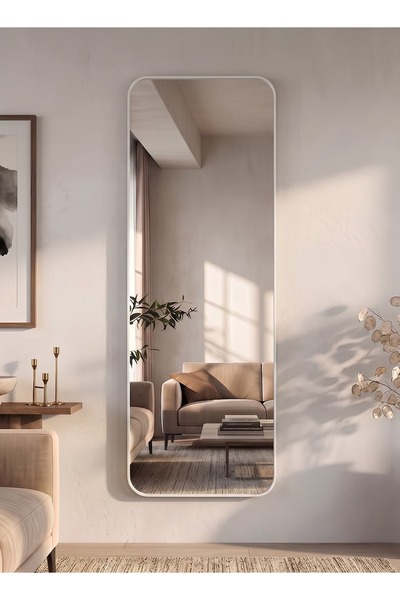 Taimi مرآة بتصميم أنيق، مقاس 120×30 سم، مرآة كاملة الطول بإطار معدني أبيض