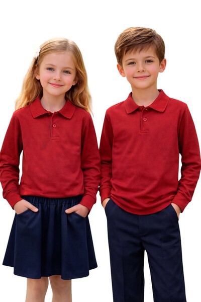 ERDEM KIDS تي شيرت مدرسي أساسي يومي باللون الأحمر بأكمام طويلة من القطن وياقة...
