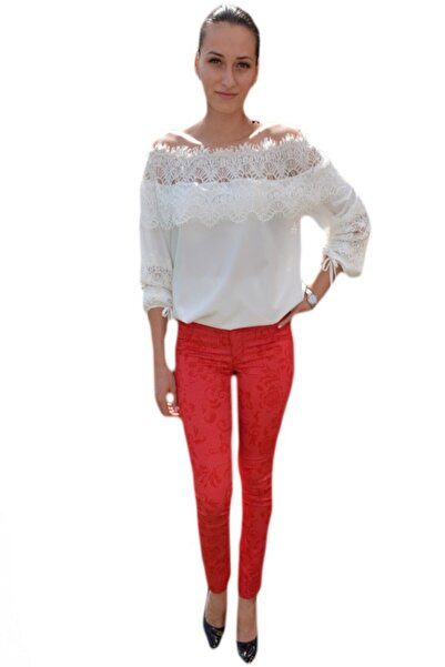 OEM Pantalon tineresc cu design floral pe fond rosu, model lung