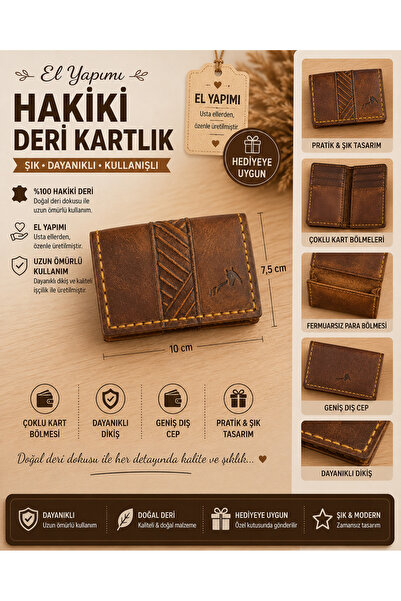 El Yapımı Hakiki Deri Kartlık Cüzdan - Kahverengi Çok Kart Bölmeli Erkek & Kadın Kartlık - Minimal Deri Kartlık