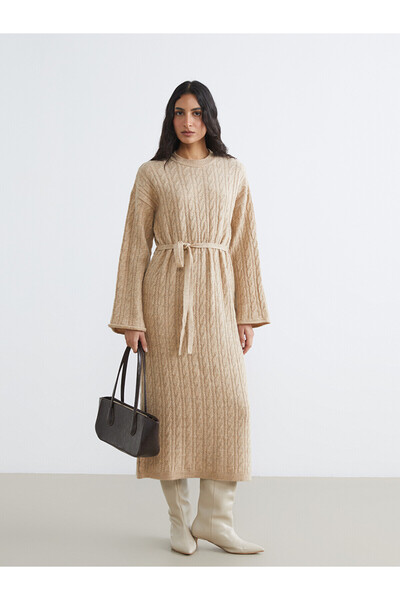 LC Waikiki Lcw Modest Beige Crew Neck Self-Patterned Belted Knitwear Dress
