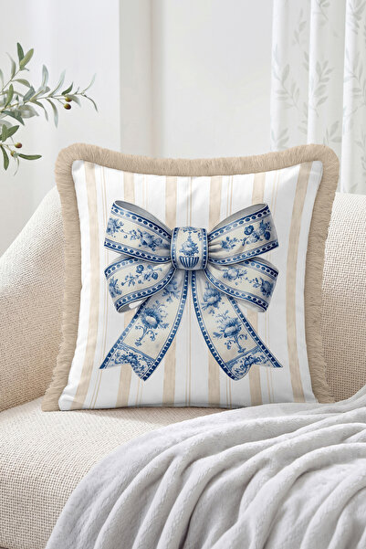 Realhomes Blue Tile Ribbon Bow and Vertical Line Pattern Fringed Throw Pillow...
