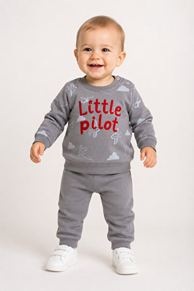 Mou&Kou Punch Embroidered Small Airplane Patterned Baby 2-Piece Set – Sweatsh...