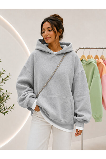 MOONBULL Kadın 3 İplik Şardonlu Kanguru Cepli Kapüşonlu Sweatshirt