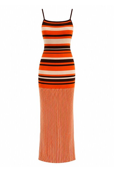 Laluvia Orange Strappy Slim Knit Dress - 1629