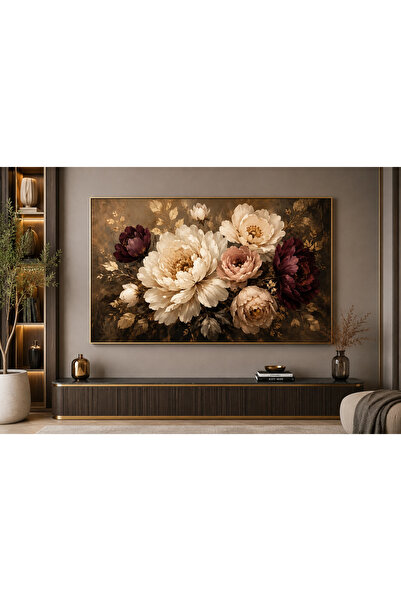 EMYA HOME Gold Metal Çerçeveli Kabartma Görünümlü Çiçekler Kanvas Tablo