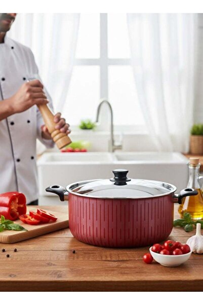 Trueval Non-Stick Aluminium Cooking Pot with Lid & Heat Resistant Handle Red/...