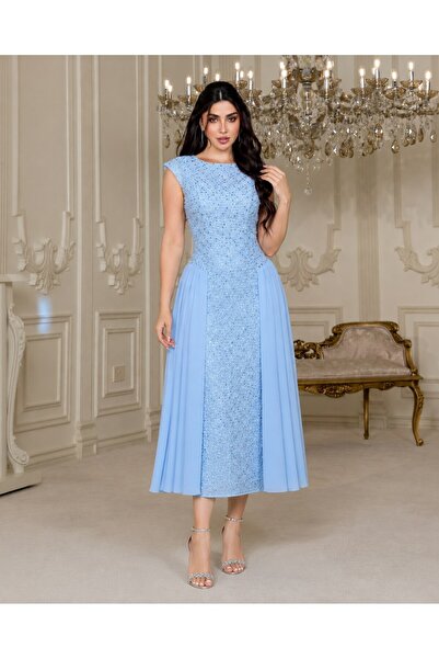 Jood Embroidered Midi Evening Dress with Side Chiffon Detail