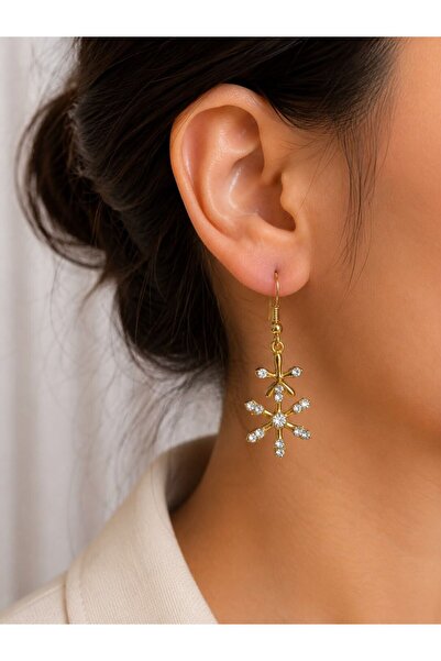 MARE BUTİK Crystal Stone Flower Shaped Gold Dangle Earrings