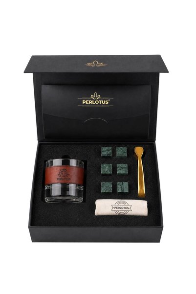 PERLOTUS Genuine Leather Covered Small Whiskey Glass Set of 6 Granite Cooling Marble Stone Limited Series