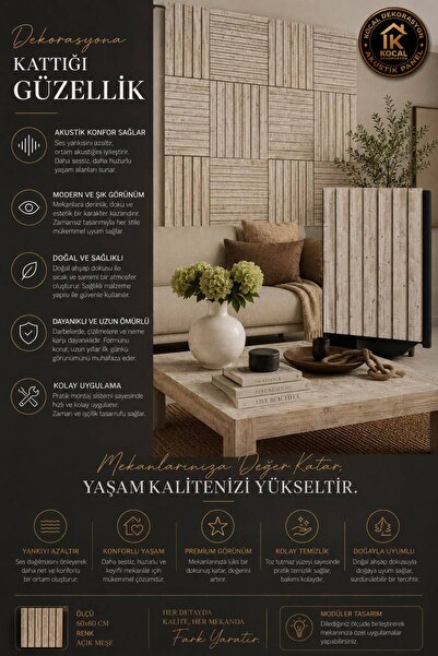 Koçal Dekorasyon MDF Ahşap Akustik Duvar Paneli 60x60 cm Traverten Rengi