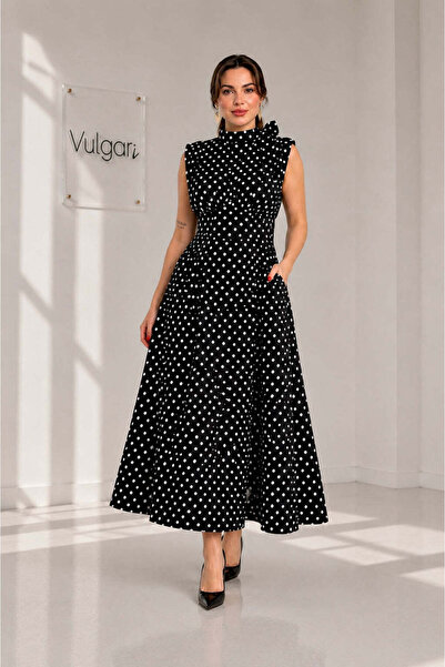vulgariromania Rochie midi neagră cu buline albe – Eleganță retro și croială ...