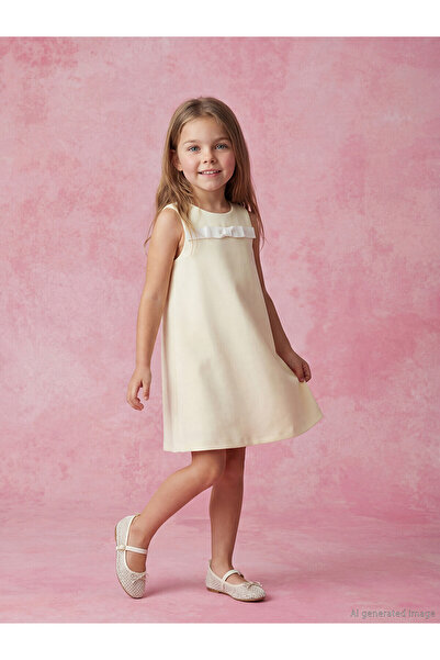 LC Waikiki Trendlucky Girls' Dress with Oval Collar and Bow in Contrast Color
