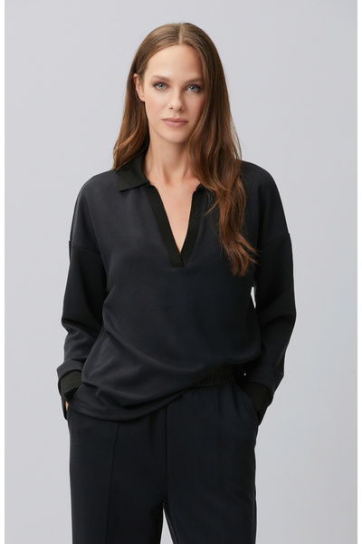Network Siyah Modal Karışımlı Ribanalı Sweatshirt