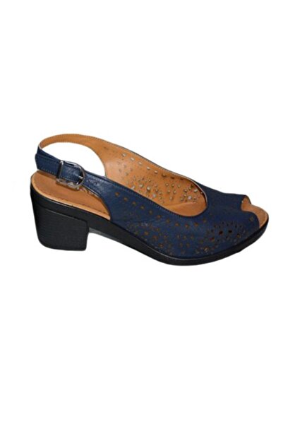 OEM Sanda casual din piele fina, moale, bleumarin, cu toc mediu