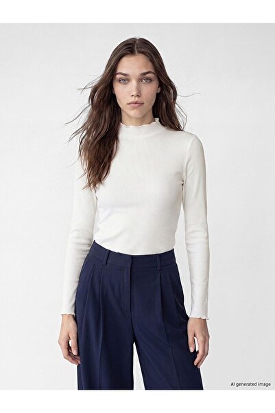 LC Waikiki Lcw Modest White High Neck Women's Ribbed Bodysuit