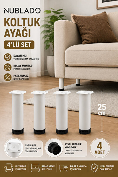 NUBLADO 25 cm Adjustable Sofa Legs Set of 4 White Furniture Legs Set of 4 25 ...