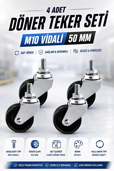 NZB (4 Adet) Siyah Döner Teker M10 Vidalı 50 mm Endüstriyel Ağır Yük Makine v...