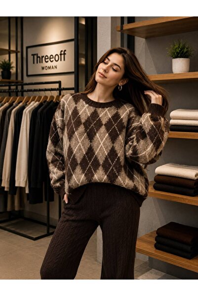 threeoff Kadın Premium Baklava Desenli Triko Kazak Oversize Salaş Kesim Kışlık