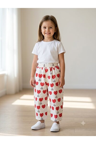 Motebarn Wear بنطلون جينز أبيض بنقشة قلب أحمر للفتيات