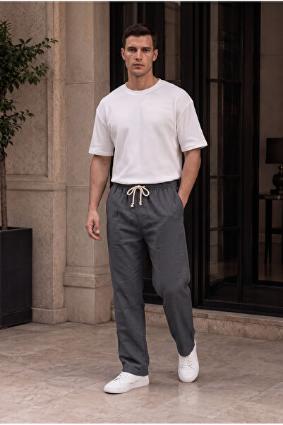 Quanlex Men's Smoked Muslin Look Baggy Trousers Loose Fit Comfortable Casual ...