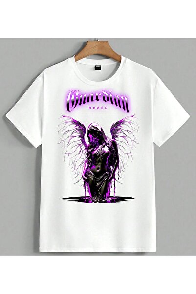 ELFERA Fallen Angel Purple Neon Wings Printed Unisex Oversize T-Shirt White