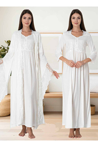 Effortt Dvina Maternity Lace Detailed Dressing Gown and Long Sleeve Nightgown...