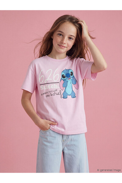 LC Waikiki Trendlucky Girl's T-Shirt with Stitch Print and Difference in Color