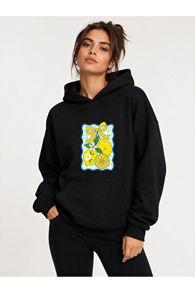 herkesemoda Lemon Printed Hooded 2 Thread Threaded Sweatshirt