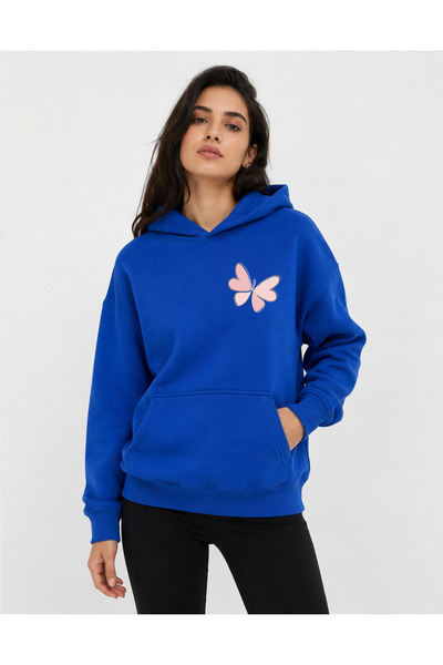 herkesemoda Butterfly Printed Hooded 2 Thread Threaded Sweatshirt
