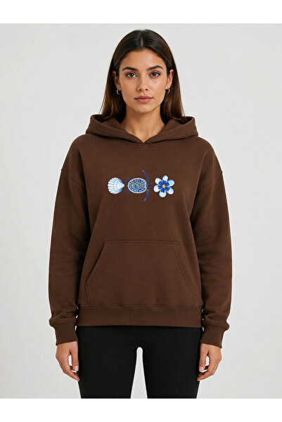 herkesemoda Sea Themed Turtle Printed Hooded 2 Thread Threaded Sweatshirt