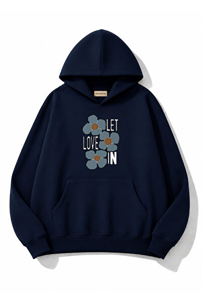 herkesemoda Love Flower Printed Hooded 2 Thread Threaded Sweatshirt