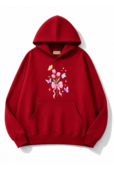 herkesemoda Tulip Flower Printed Hooded 2 Thread Threaded Sweatshirt