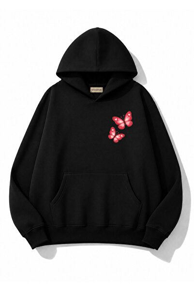 herkesemoda Butterfly Printed Hooded 2 Thread Threaded Sweatshirt