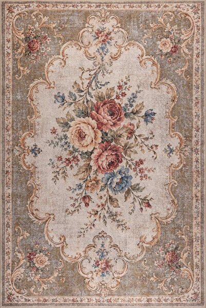 ARTLOOP Florart Vizon Krem Vintage Goblen Çiçek Aranjman Desenli Dokuma Taban...