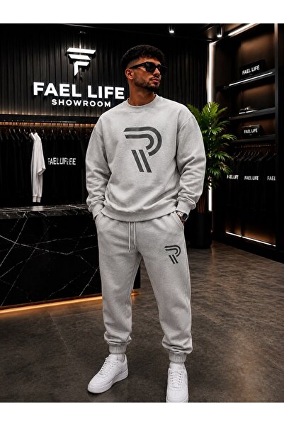FAEL LİFE Unisex Wide Cut Zero Neck and Sweatpants R Printed Set
