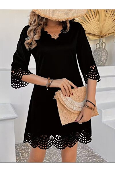 Simala Women's Short Sleeve V-Neck Laser Cut Floral Patterned Short Imported ...