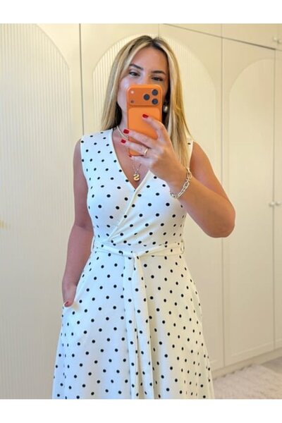 pazarella Women's Double Breasted Collar Sleeveless Polka Dot Midi Dress