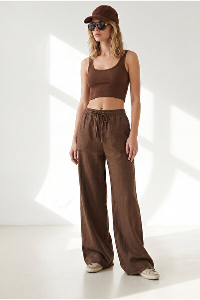 Olalook Women's Brown Elastic Waist Pocketed Gabardine Tassel Trousers Pnt-19...