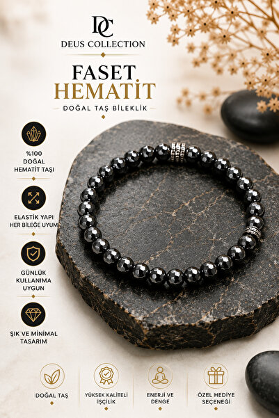 Faset Kesim Hematit Doğal Taş Bileklik 8 mm Elastik Unisex Şık Minimal Tasarım