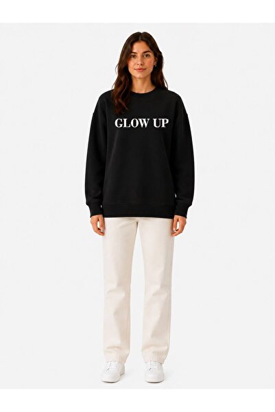herkesemoda Glow up Print Detailed Shirred 2 Thread Crew Neck Sweatshirt
