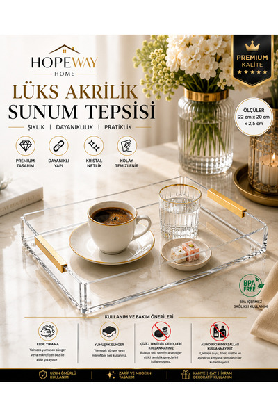 HopeWay Home Kahve Sunum Tepsisi 1 Adet Şeffaf Akrilik Mat Gold Kulplu Lüks S...