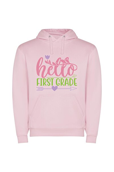 iLovePrints Vibrant Greeting: Hello 1st Grade! Φούτερ με κουκούλα σε χρώμα Ροζ