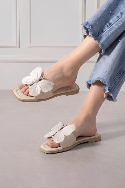FUGA MODA Papillon Beige Fabric Butterfly Detailed Slippers