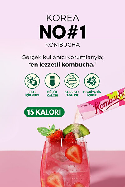 TEAZEN Probiyotik Ve Lif İçeren Bağırsak Sağlığı Destekli Şekersiz İçecek Kombucha Strawberry Kiwi